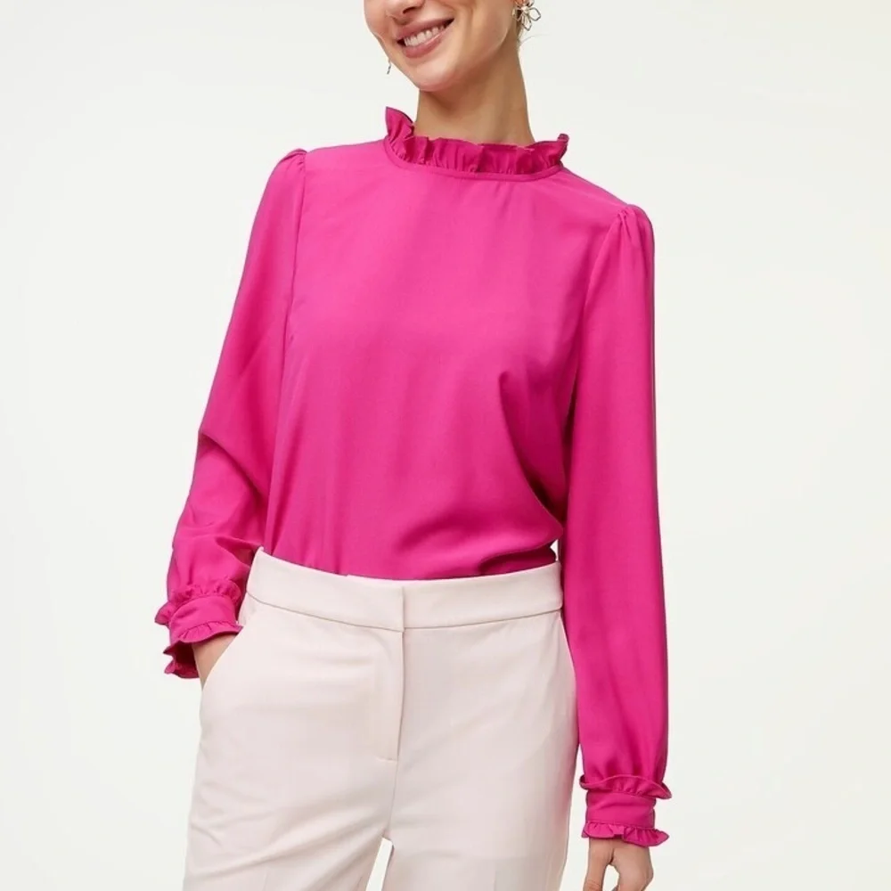 J. Crew Pink Puff Sleeve Ruffled Blouse